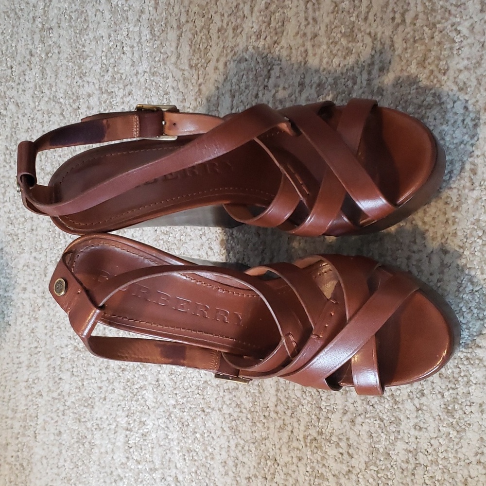 Burberry Brown Leather and Wood High Heeled Platform Strappy Sandals - Picture 8 of 8